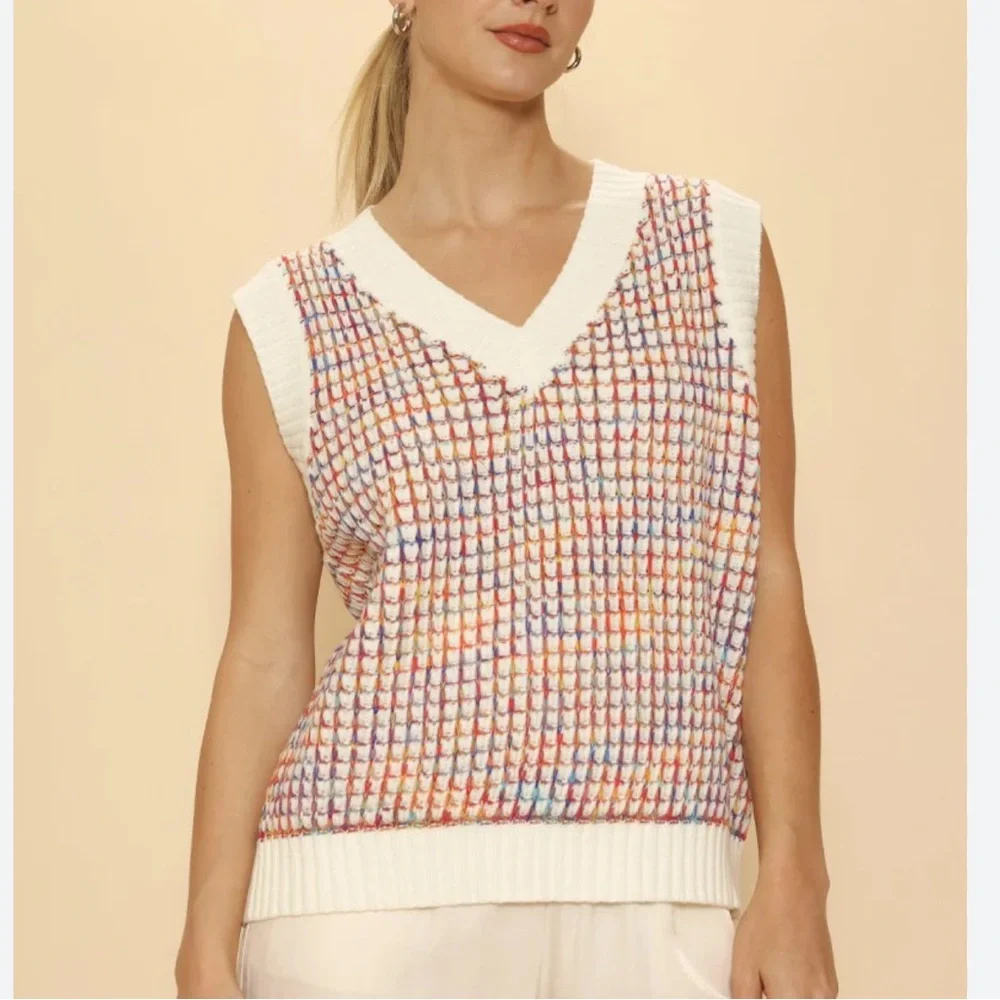 Miss Sparkling Knit V‑Neck Sweater Vest Size Large Multicolor Yarn
